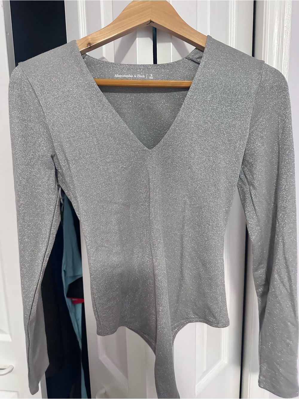Abercrombie & Fitch Silver Shimmer V-Neck Long-Sleeve Bodysuit